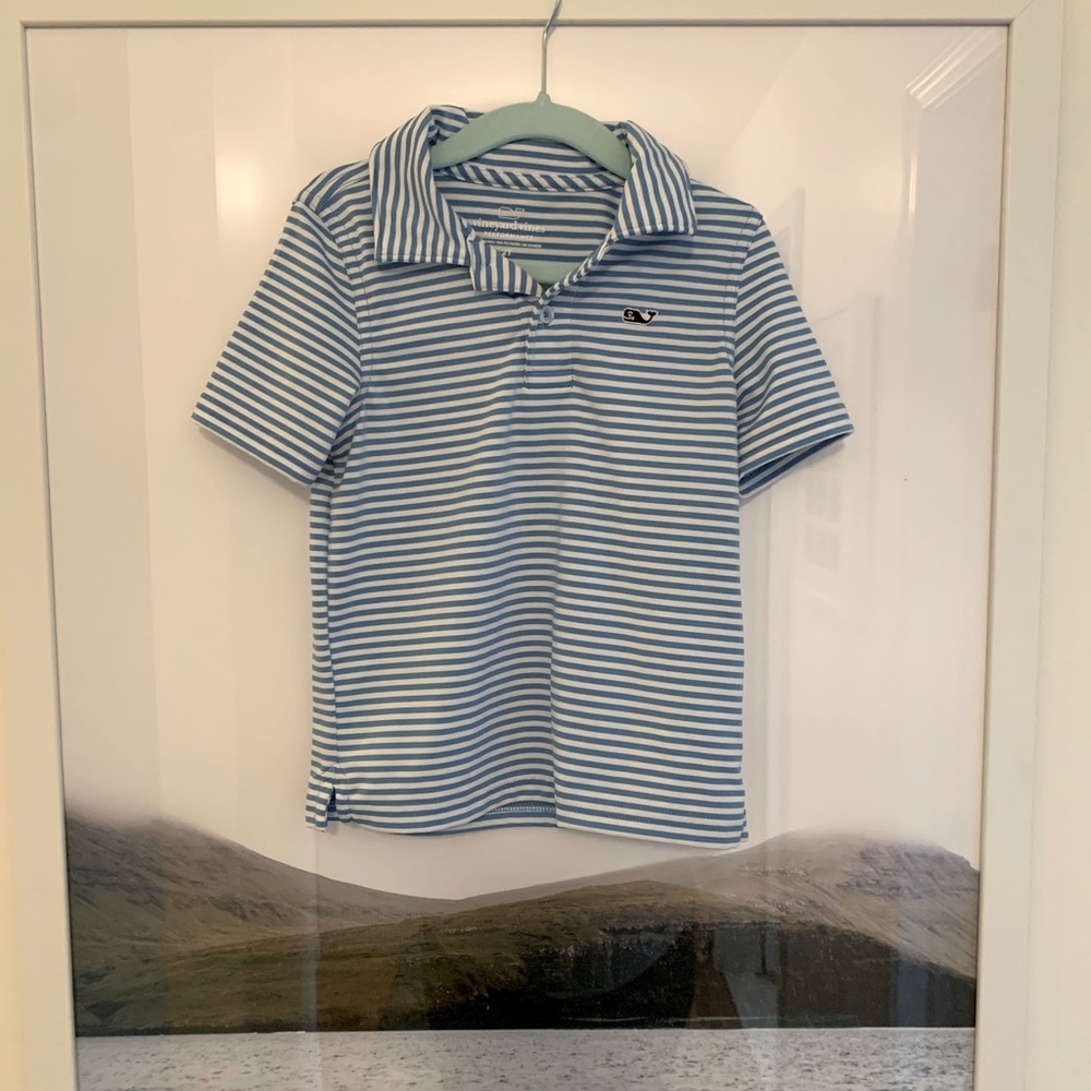 Vineyard Vines, light blue and white striped toddler boys golf shirt, 2T